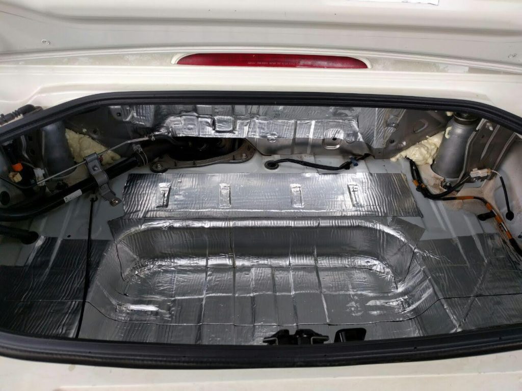 MX5 Miata boot with all metal panels lined with no-name Dynamat clone to reduce resonance noise