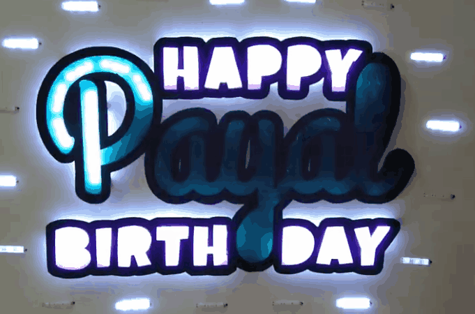 Layered cellophane over led strip to create teal, demonstrated on an animated "happy birthday Payal" sign