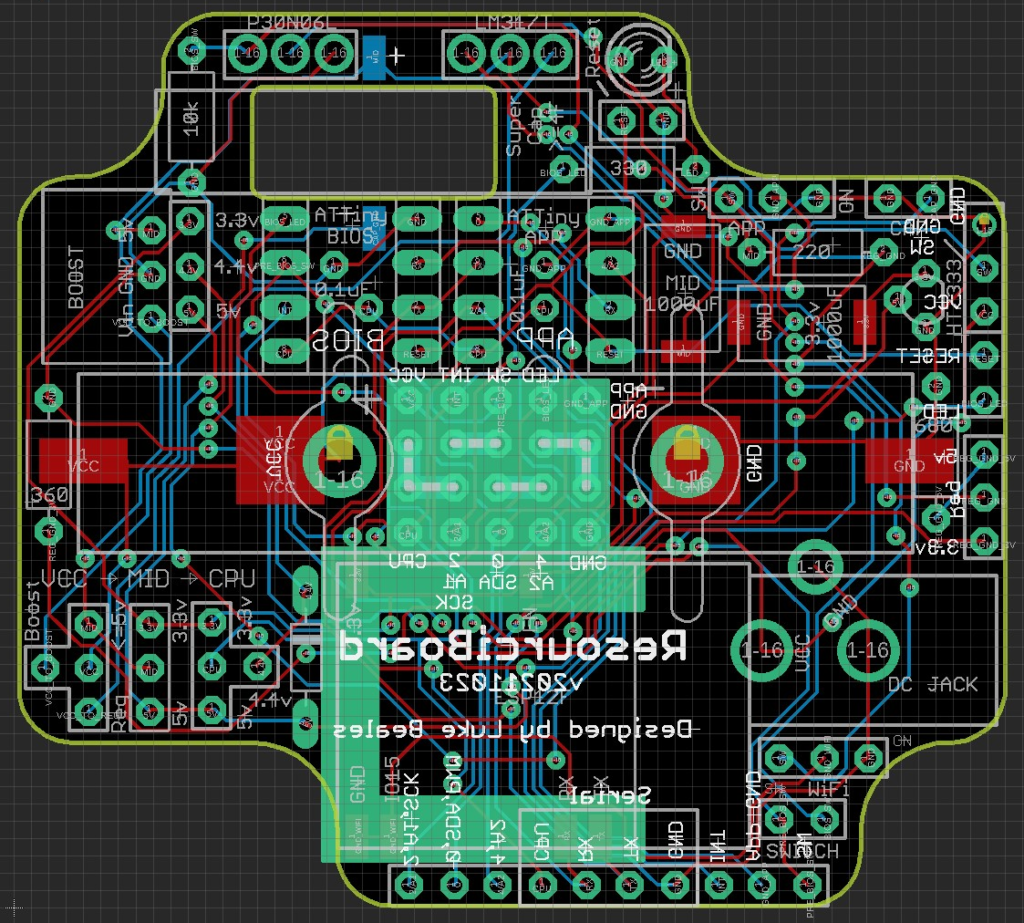 screenshot of a custom resourciboard pcb made in eagle