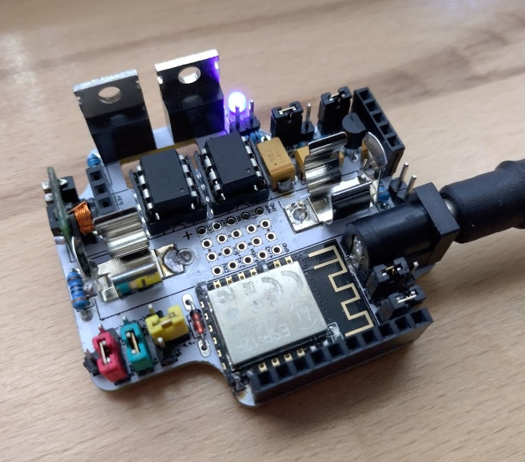 Assembled custom pcb with two ATTiny85's and an ESP12F