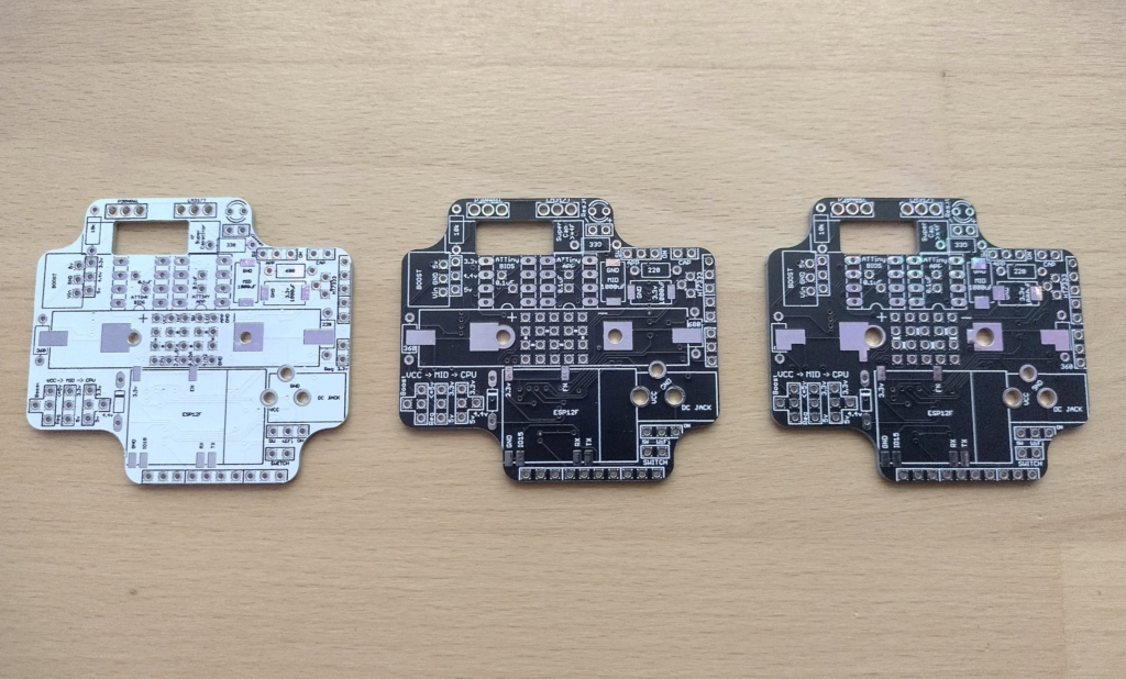 Three generations of the ATTiny85 and ESP32/ESP8266 powered ResourciBoard, showing the refinements that have been needed along the way.  The most obvious difference being hole sizes, and solder pad adjustments to make it easier to solder.