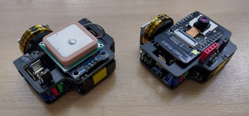 GPS and ESP32-cam controlled by a custom PCB containing dual ATTiny85 chips and an ESP12F.