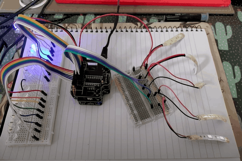A ResourciBoard with double 74hc595 / uln2803 stack on top, switching both 5v and 12v leds.