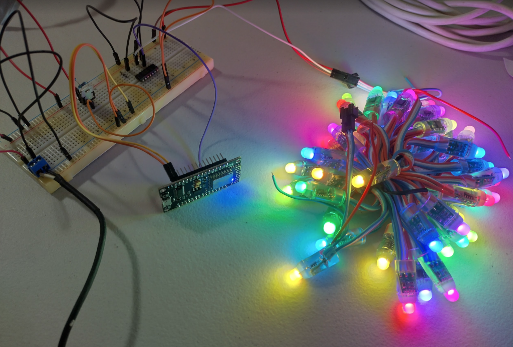 NodeMCU with WLED firmware, WS2811 pixels, and a 5v regulator